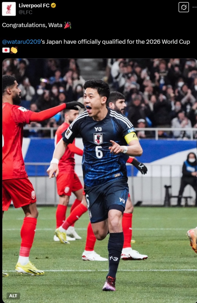 利物浦官推曬遠(yuǎn)藤航照片，祝賀其隨日本隊(duì)提前晉級(jí)世界杯
